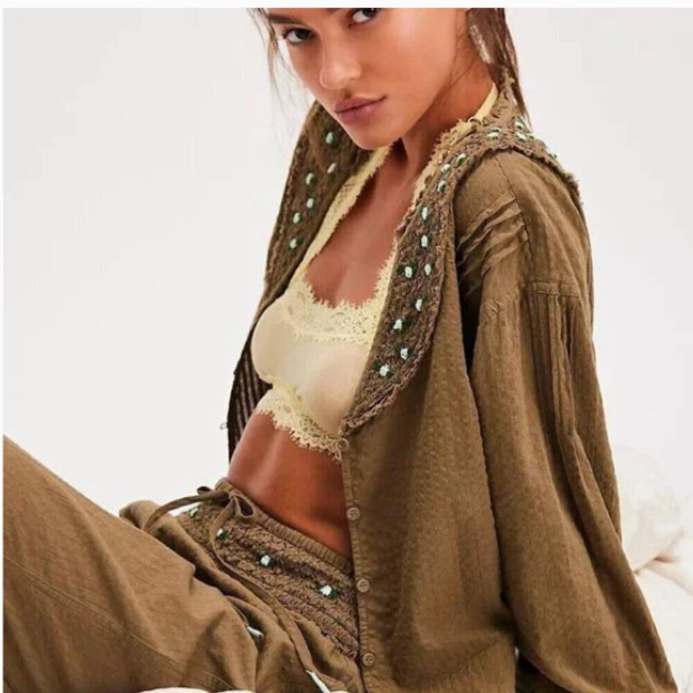 Intimately Free People Sweet As Roses Lounge Blouse Top ONLY Embroidered S - Picture 3 of 9